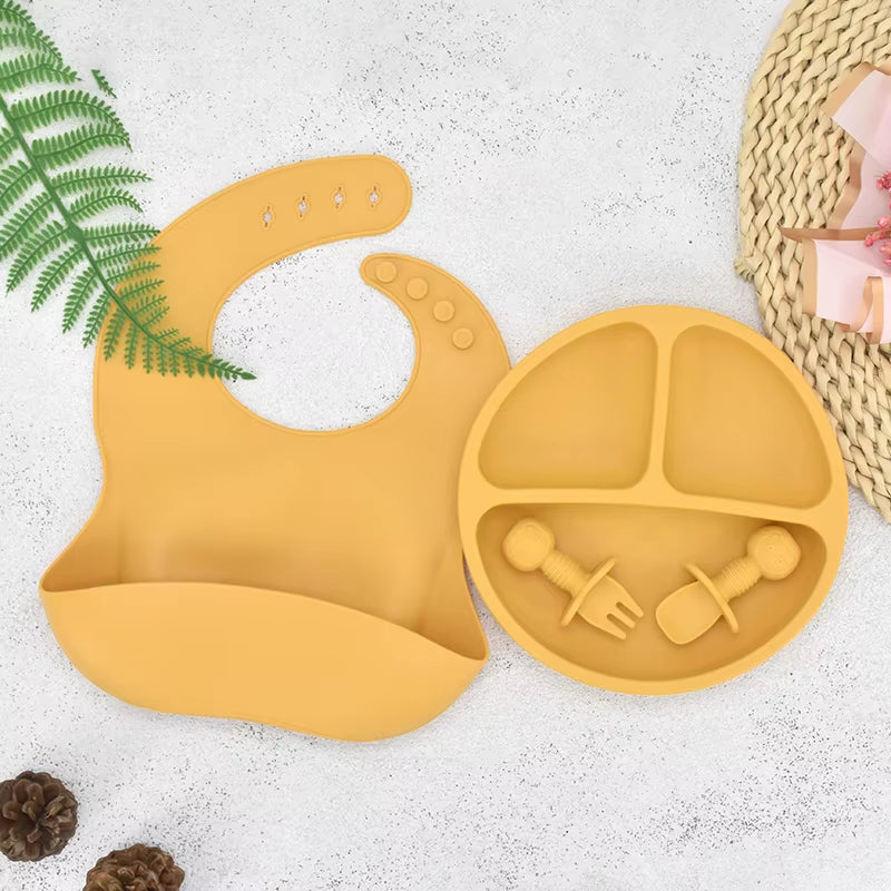 4Pcs/Set Baby Safe Silicone Dining Plate Solid Cute Cartoon Children Dishes Smile Face Baby Tableware Set Retro Kids Plate