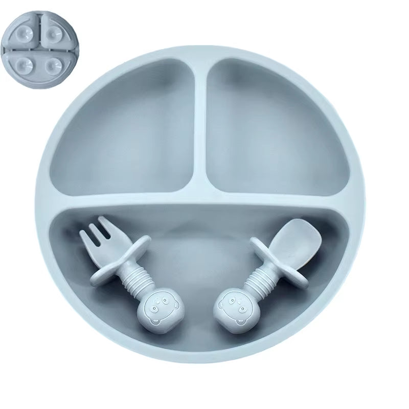 4Pcs/Set Baby Safe Silicone Dining Plate Solid Cute Cartoon Children Dishes Smile Face Baby Tableware Set Retro Kids Plate