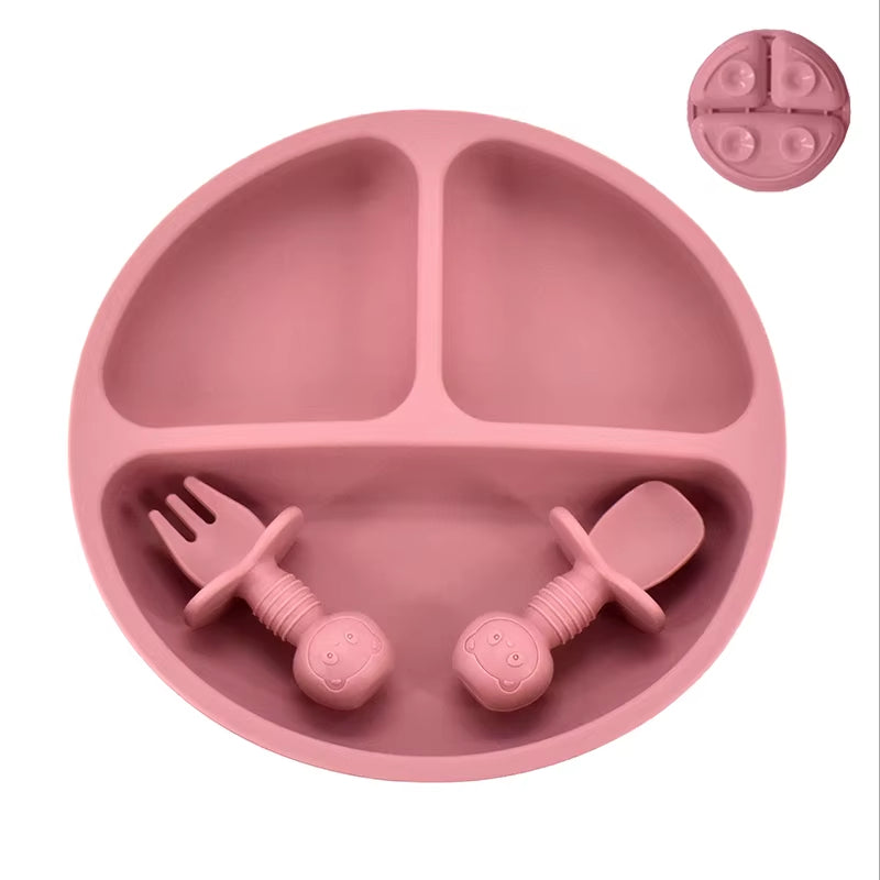 4Pcs/Set Baby Safe Silicone Dining Plate Solid Cute Cartoon Children Dishes Smile Face Baby Tableware Set Retro Kids Plate