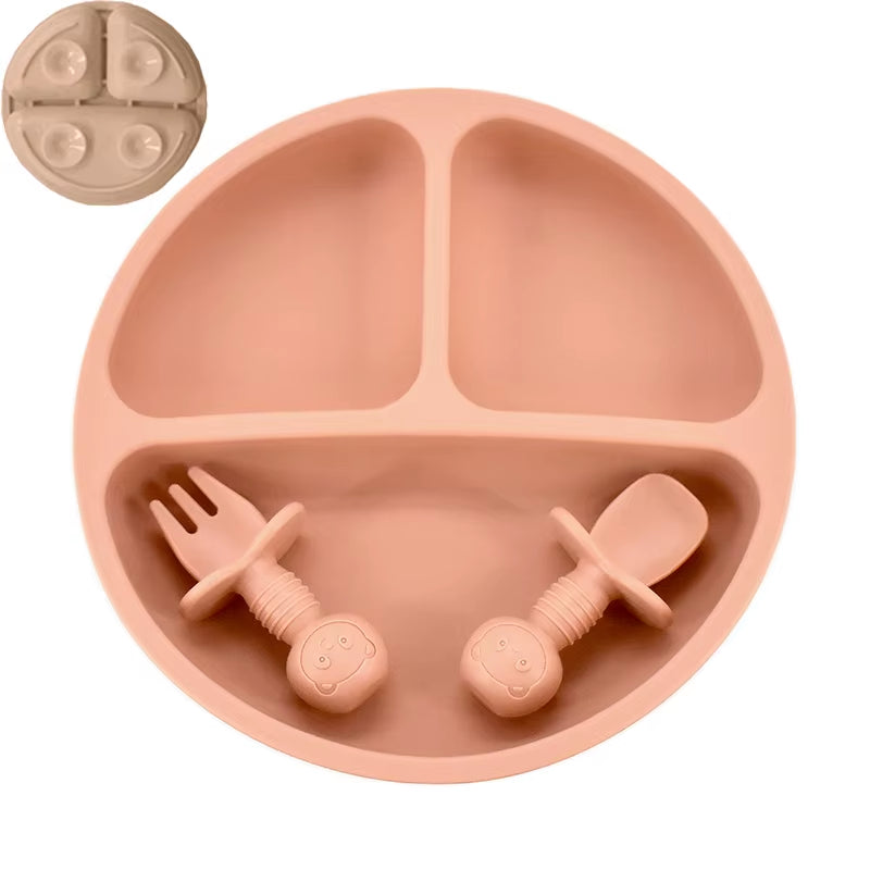 4Pcs/Set Baby Safe Silicone Dining Plate Solid Cute Cartoon Children Dishes Smile Face Baby Tableware Set Retro Kids Plate
