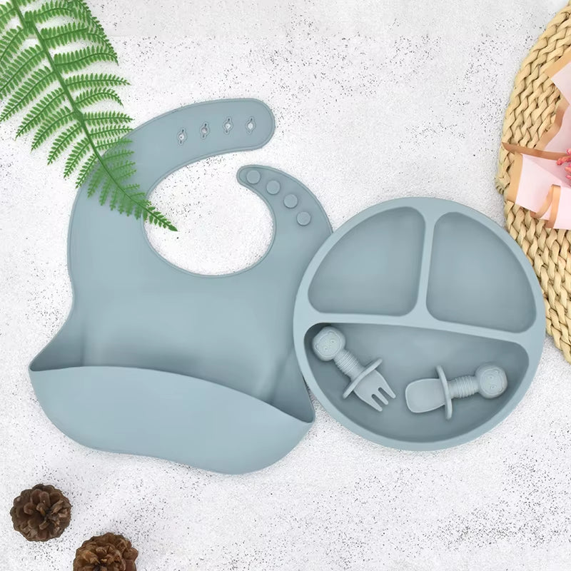 4Pcs/Set Baby Safe Silicone Dining Plate Solid Cute Cartoon Children Dishes Smile Face Baby Tableware Set Retro Kids Plate