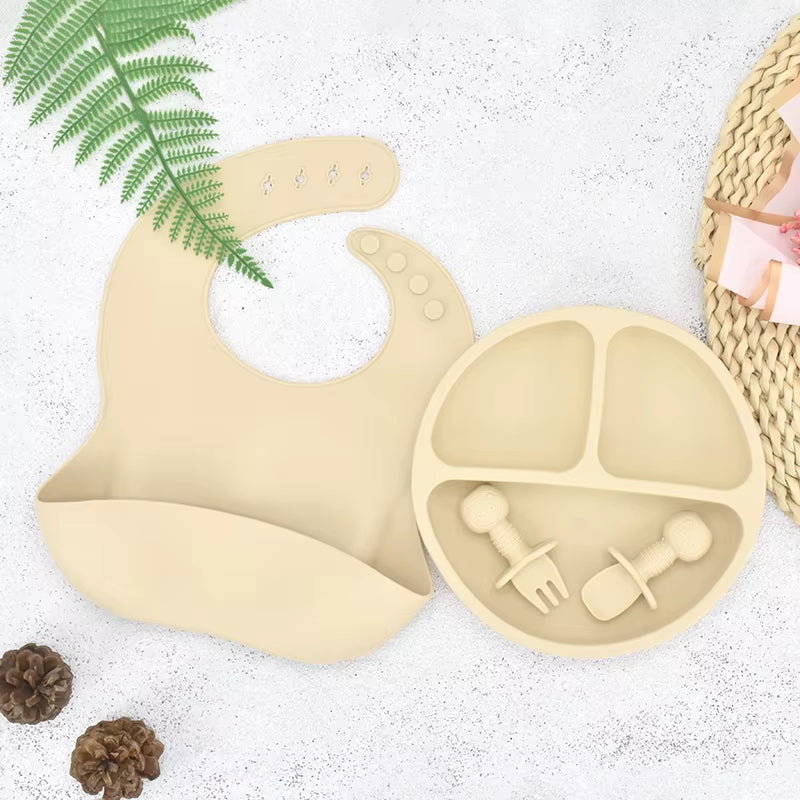 4Pcs/Set Baby Safe Silicone Dining Plate Solid Cute Cartoon Children Dishes Smile Face Baby Tableware Set Retro Kids Plate