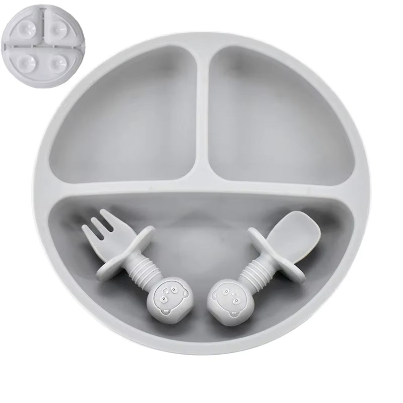 4Pcs/Set Baby Safe Silicone Dining Plate Solid Cute Cartoon Children Dishes Smile Face Baby Tableware Set Retro Kids Plate