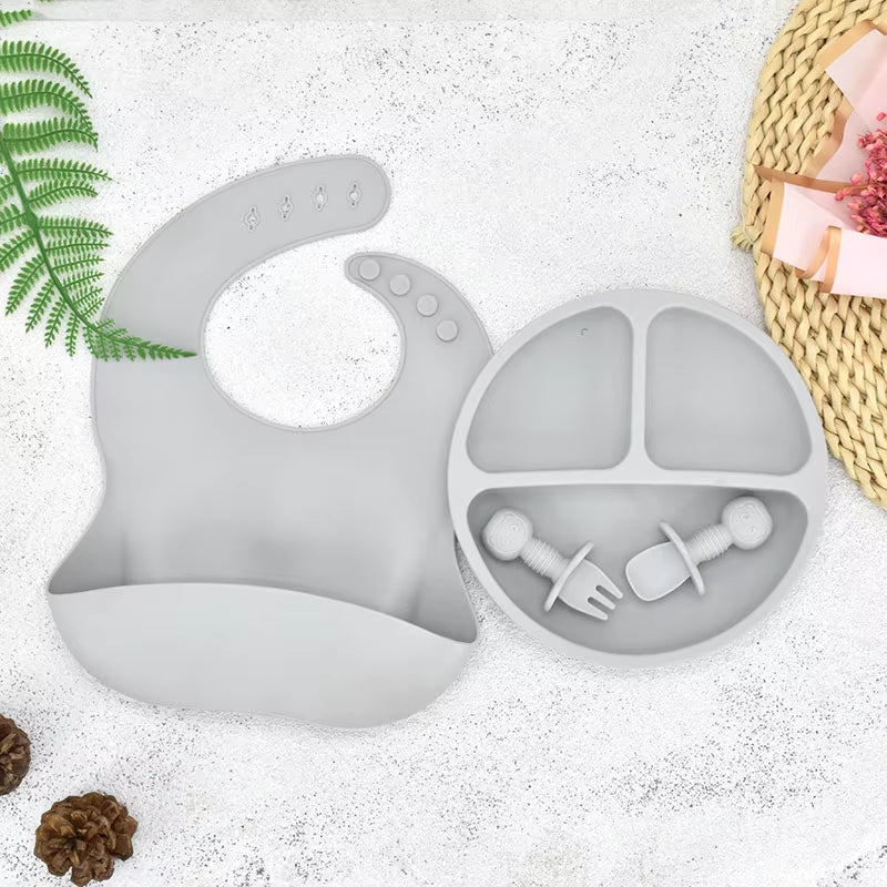 4Pcs/Set Baby Safe Silicone Dining Plate Solid Cute Cartoon Children Dishes Smile Face Baby Tableware Set Retro Kids Plate
